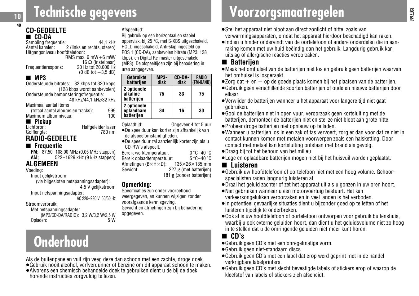 Technische gegevens, Onderhoud, Voorzorgsmaatregelen | Cd-gedeelte, Radio-gedeelte, Algemeen, Batterijen, Luisteren, Cd’s | Panasonic SLSK574V User Manual | Page 40 / 112