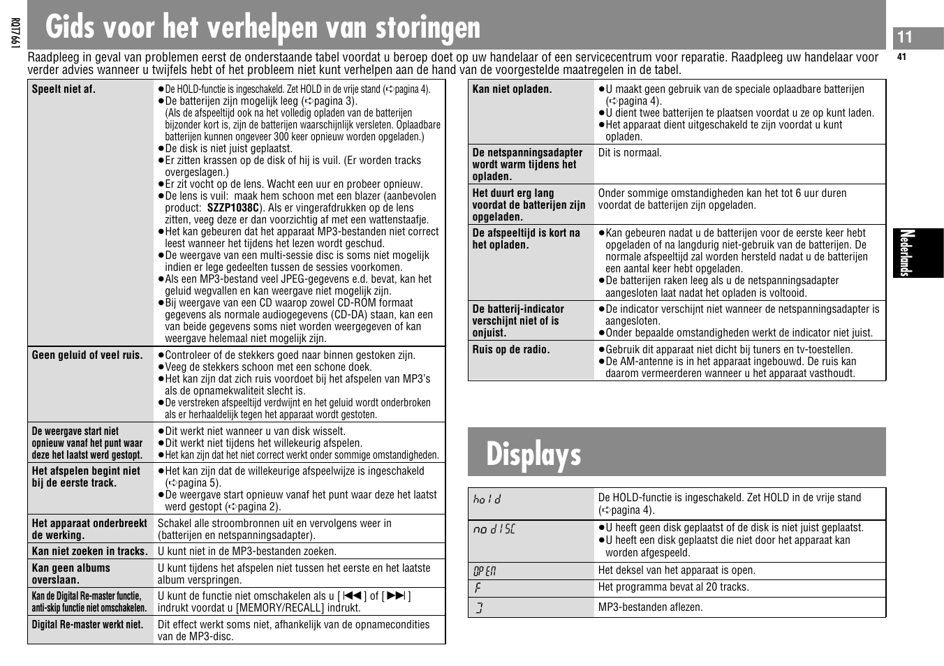 Gids voor het verhelpen van storingen, Displays | Panasonic SLSK574V User Manual | Page 41 / 112