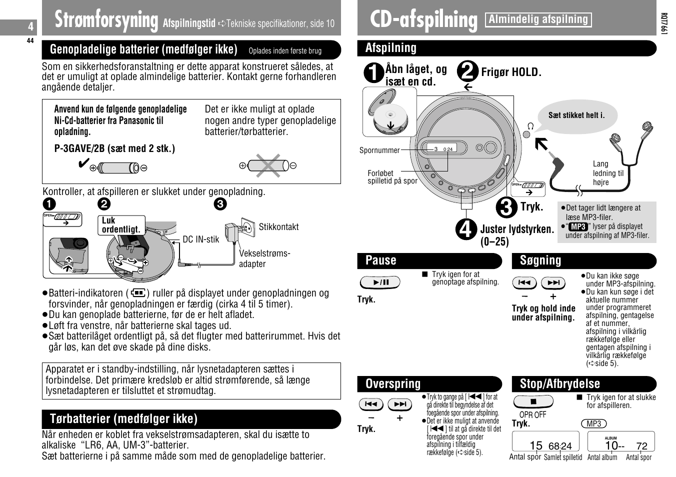 Cd-afspilning, Strømforsyning | Panasonic SLSK574V User Manual | Page 44 / 112