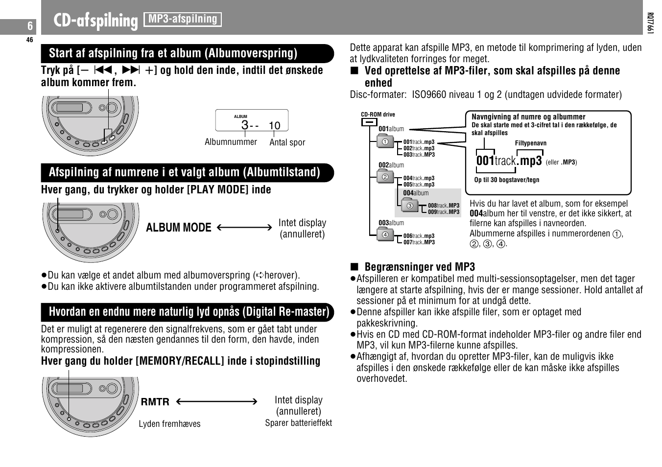 Cd-afspilning, Start af afspilning fra et album (albumoverspring), 001 track .mp3 | Album mode | Panasonic SLSK574V User Manual | Page 46 / 112