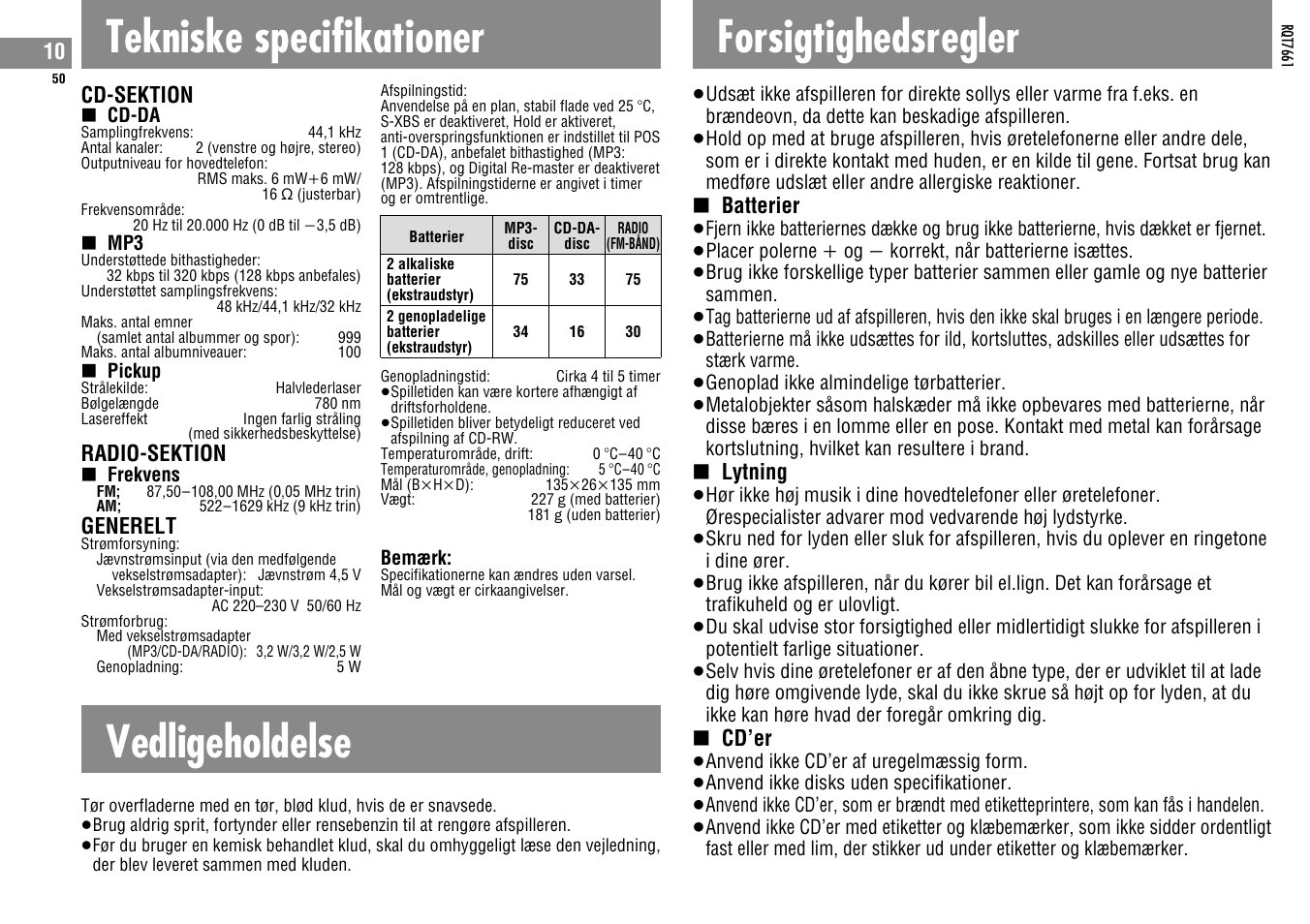 Tekniske specifikationer, Vedligeholdelse, Forsigtighedsregler | Panasonic SLSK574V User Manual | Page 50 / 112