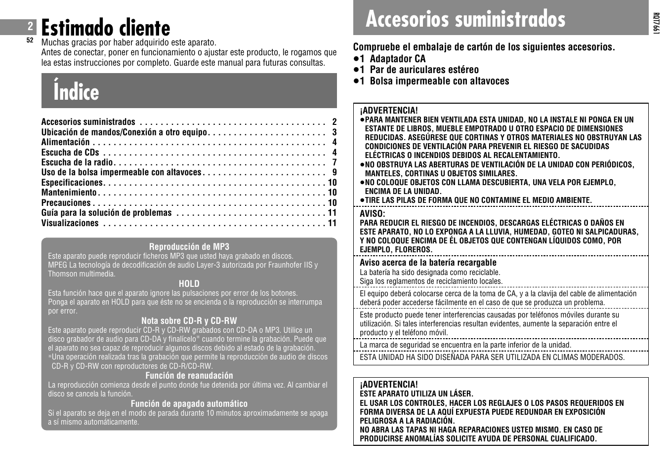 Estimado cliente, Índice, Accesorios suministrados | Panasonic SLSK574V User Manual | Page 52 / 112