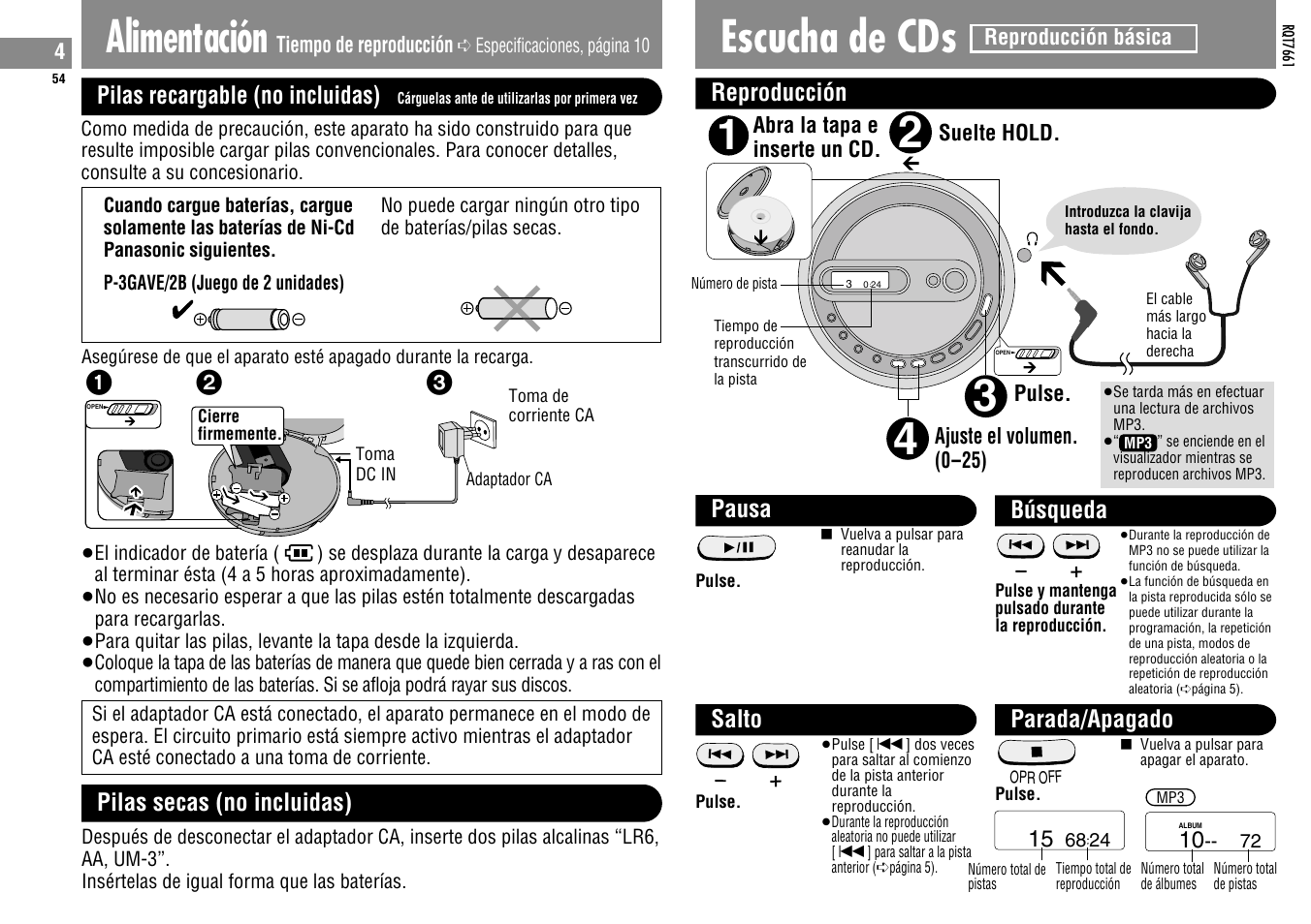 Alimentación, Escucha de cds | Panasonic SLSK574V User Manual | Page 54 / 112