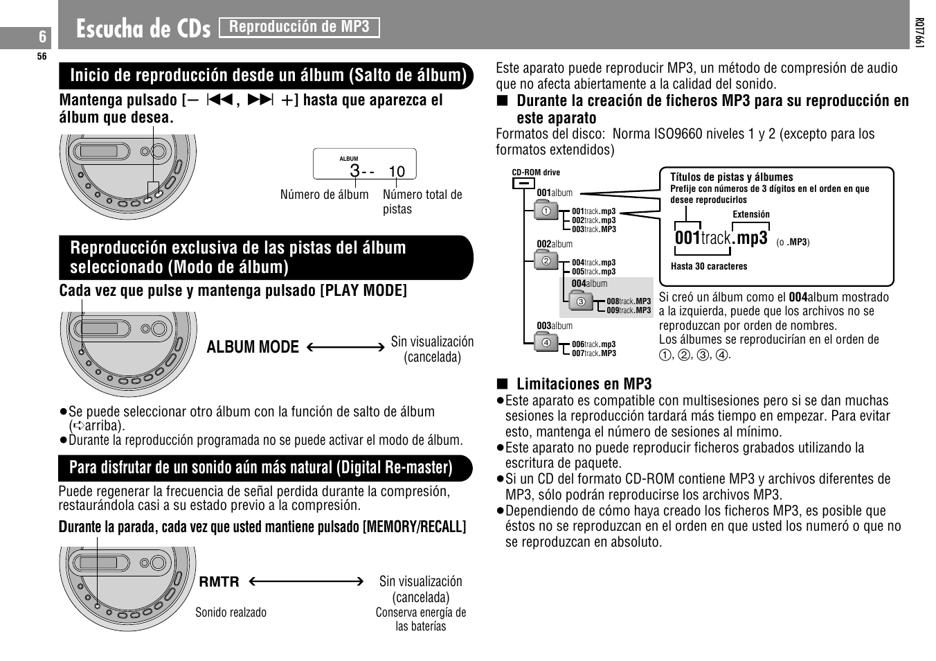 Escucha de cds, 001 track .mp3, Album mode | Panasonic SLSK574V User Manual | Page 56 / 112