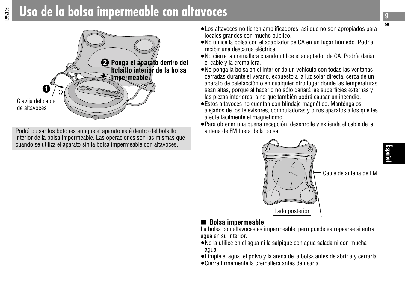 Uso de la bolsa impermeable con altavoces | Panasonic SLSK574V User Manual | Page 59 / 112