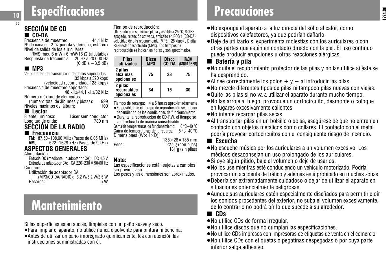 Especificaciones, Mantenimiento, Precauciones | Panasonic SLSK574V User Manual | Page 60 / 112