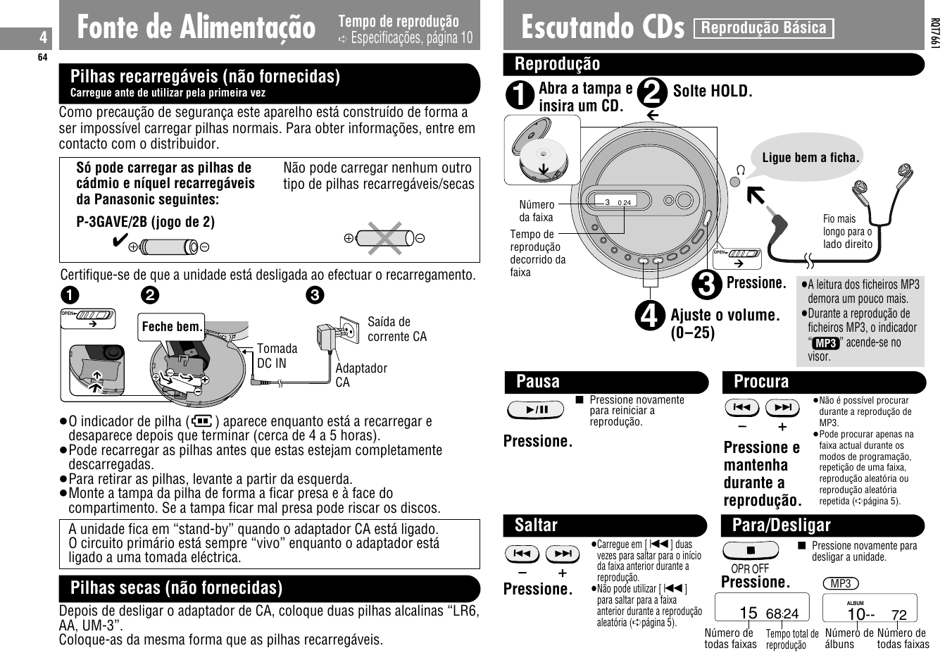 Escutando cds, Fonte de alimentação | Panasonic SLSK574V User Manual | Page 64 / 112