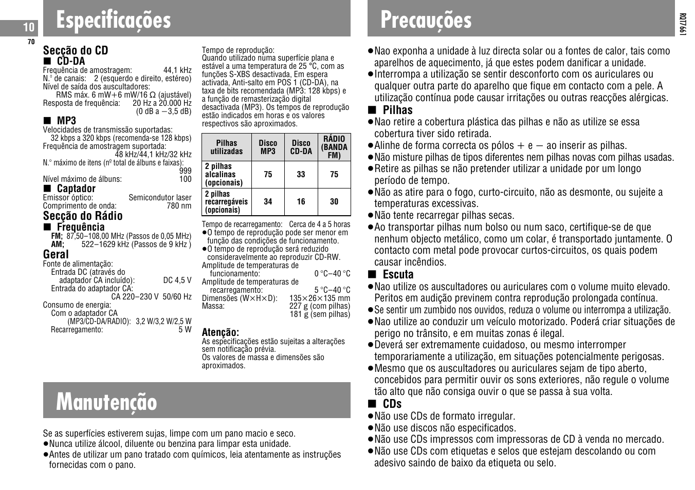 Especificações, Manutenção, Precauções | Panasonic SLSK574V User Manual | Page 70 / 112
