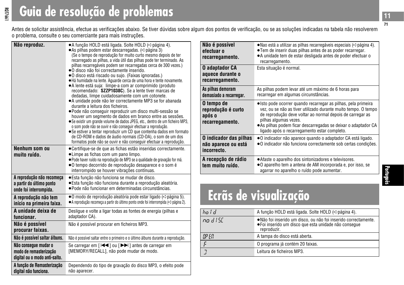 Guia de resolução de problemas, Ecrãs de visualização | Panasonic SLSK574V User Manual | Page 71 / 112