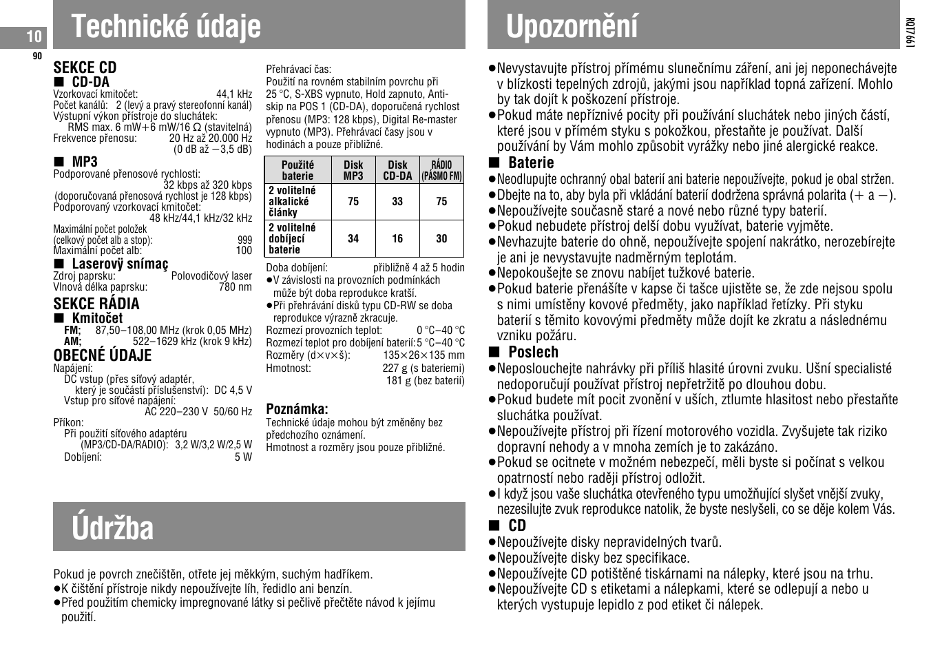 Technické údaje, Údrƒba, Upozornêní | Panasonic SLSK574V User Manual | Page 90 / 112