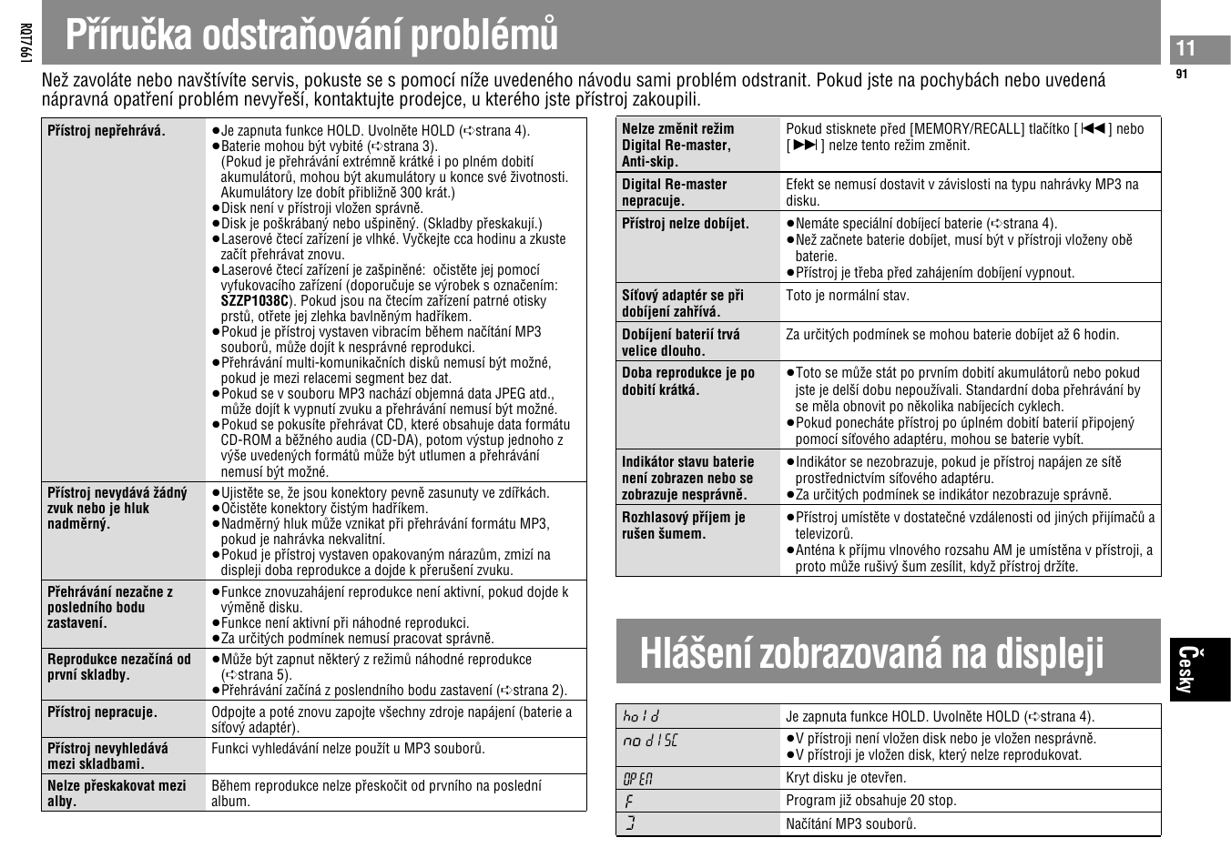 Hlá¢ení zobrazovaná na displeji, Pâíruçka odstrañování problémû | Panasonic SLSK574V User Manual | Page 91 / 112
