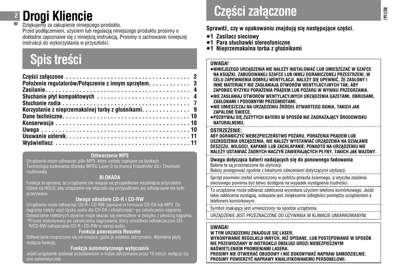 Drogi kliencie, Spis treøci, Czèøci zaìàczone | Panasonic SLSK574V User Manual | Page 92 / 112