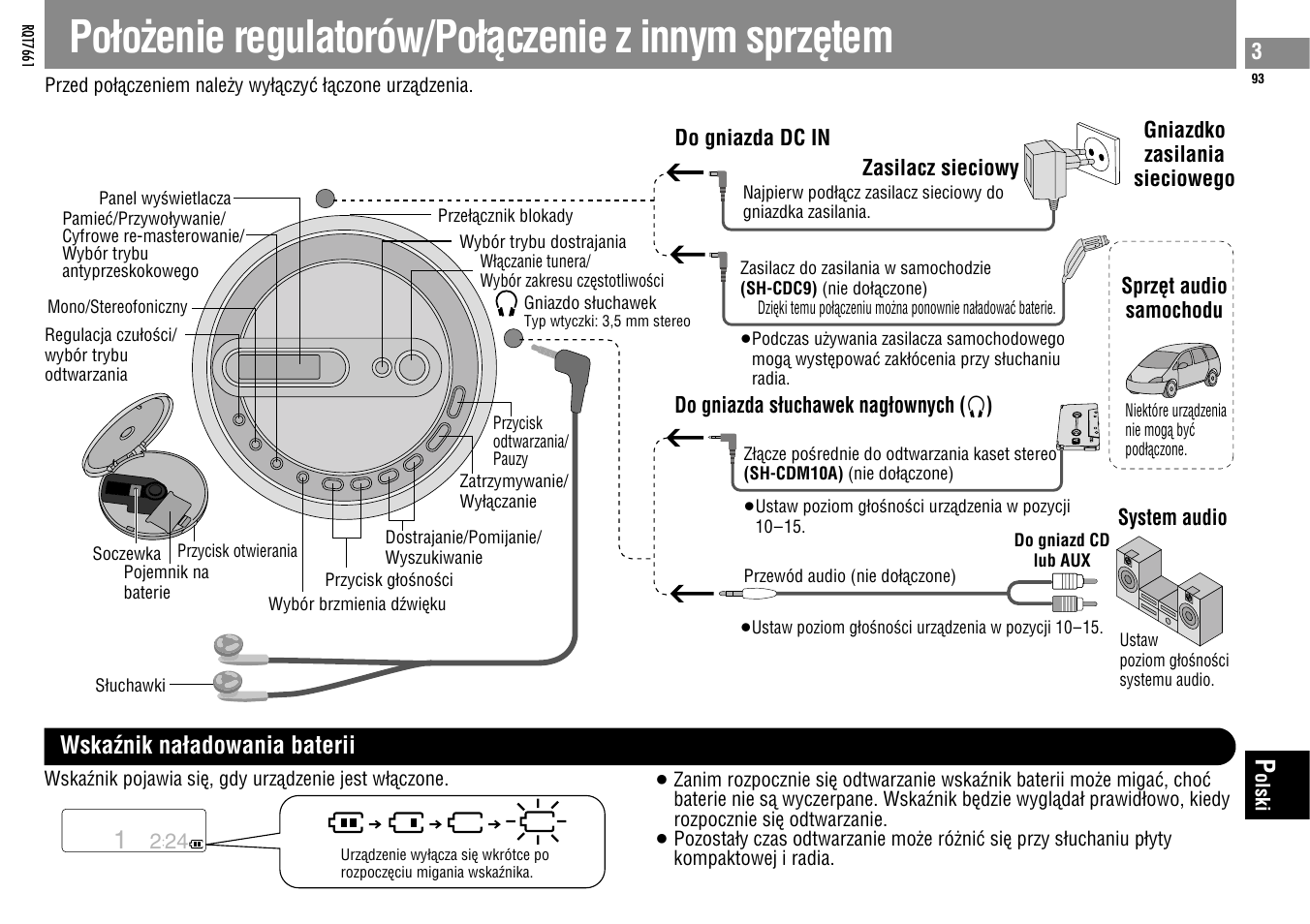 Poìoëenie regulatorów/poìàczenie z innym sprzètem, Wskaœnik naìadowania baterii | Panasonic SLSK574V User Manual | Page 93 / 112