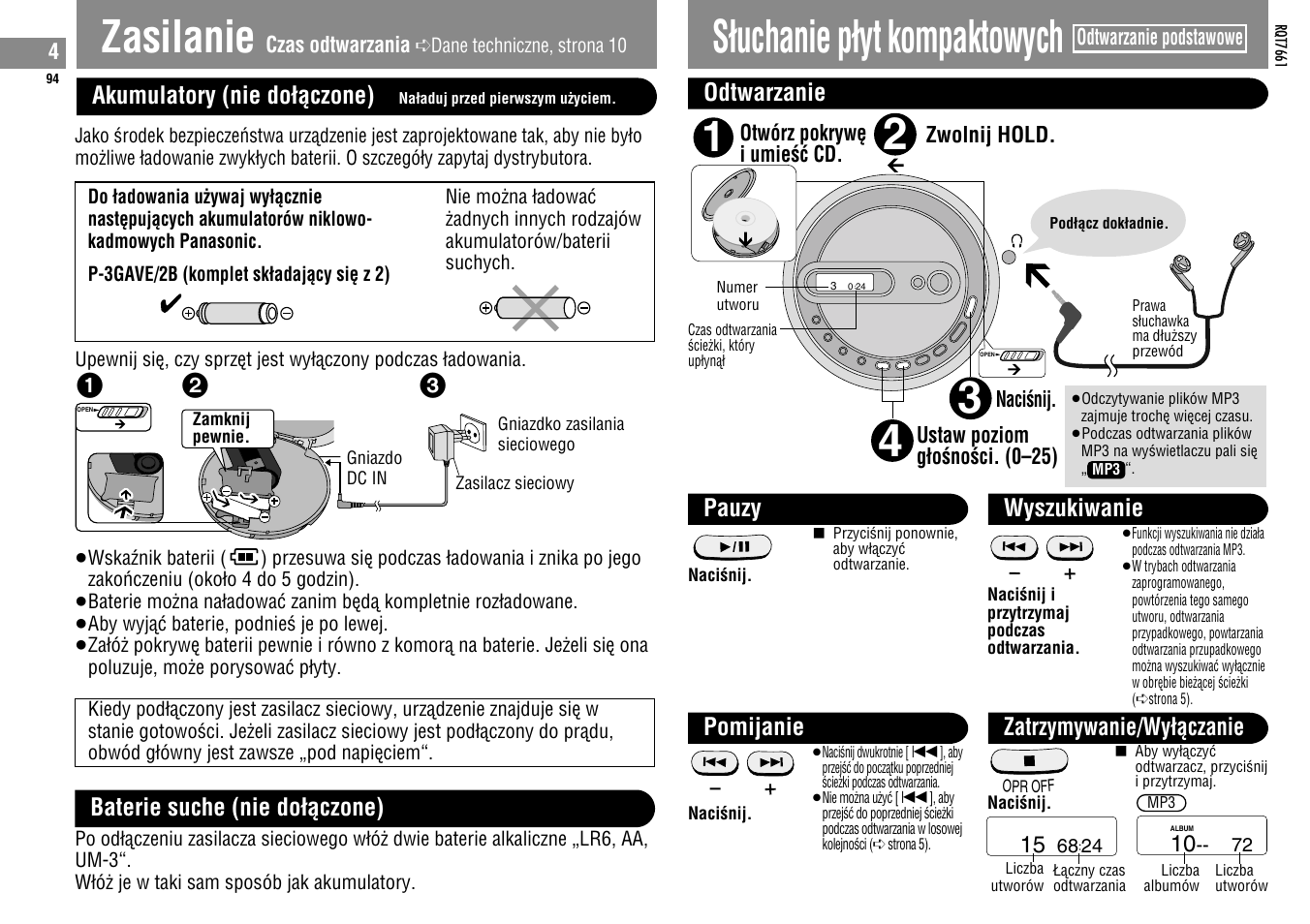 Zasilanie, Sìuchanie pìyt kompaktowych | Panasonic SLSK574V User Manual | Page 94 / 112