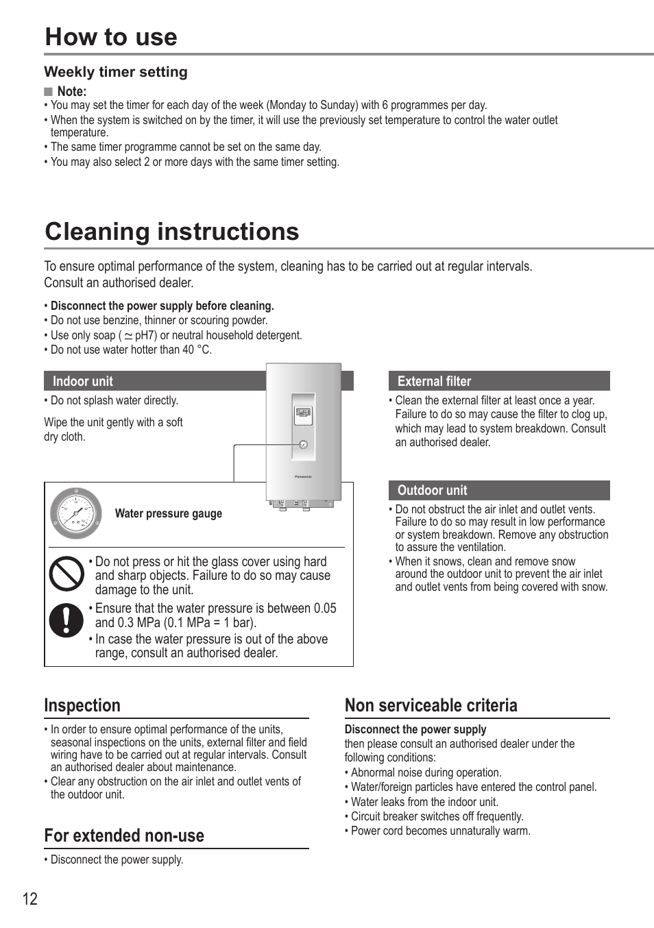 Cleaning instructions, How to use, Inspection | For extended non-use, Non serviceable criteria | Panasonic WHUX09FE5 User Manual | Page 12 / 100