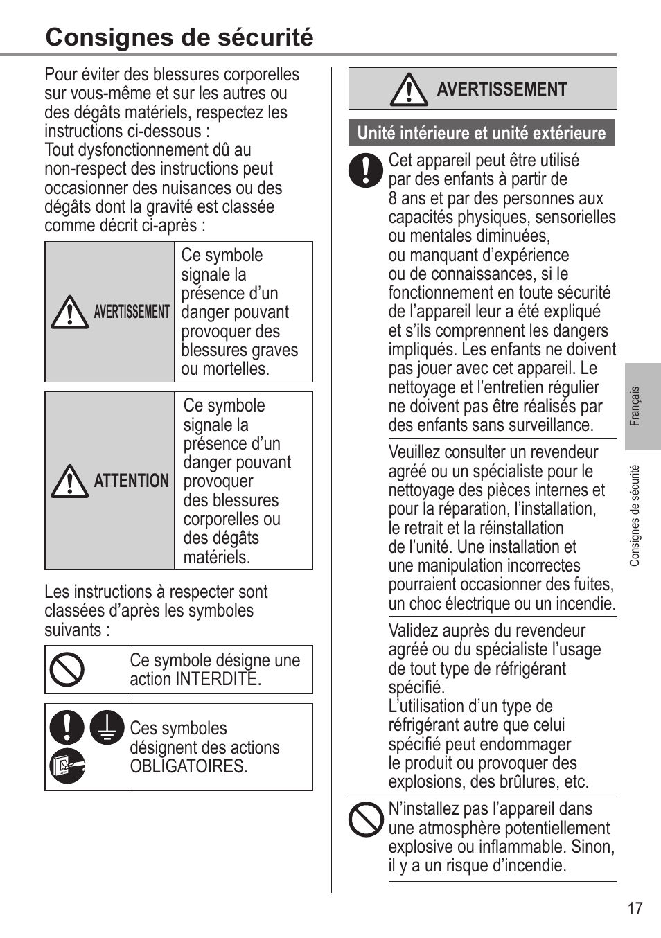 Consignes de sécurité | Panasonic WHUX09FE5 User Manual | Page 17 / 100