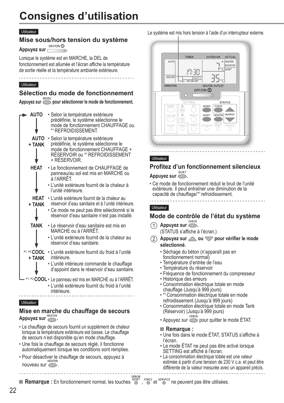 Consignes d’utilisation | Panasonic WHUX09FE5 User Manual | Page 22 / 100