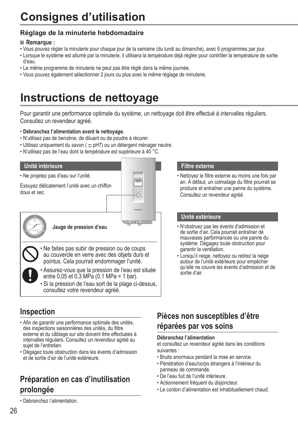 Instructions de nettoyage, Consignes d’utilisation, Inspection | Préparation en cas d’inutilisation prolongée | Panasonic WHUX09FE5 User Manual | Page 26 / 100