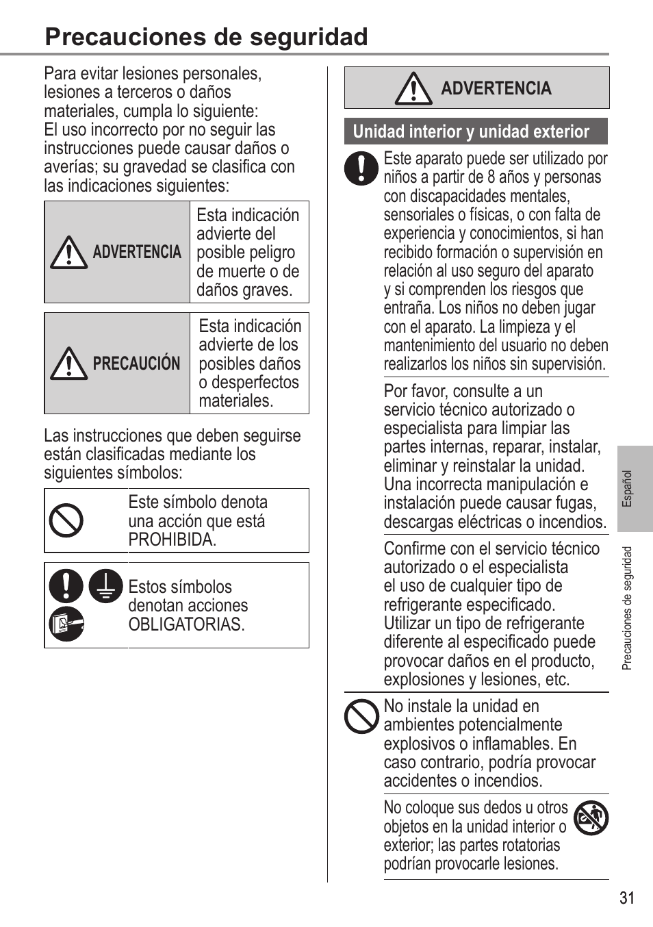 Precauciones de seguridad | Panasonic WHUX09FE5 User Manual | Page 31 / 100