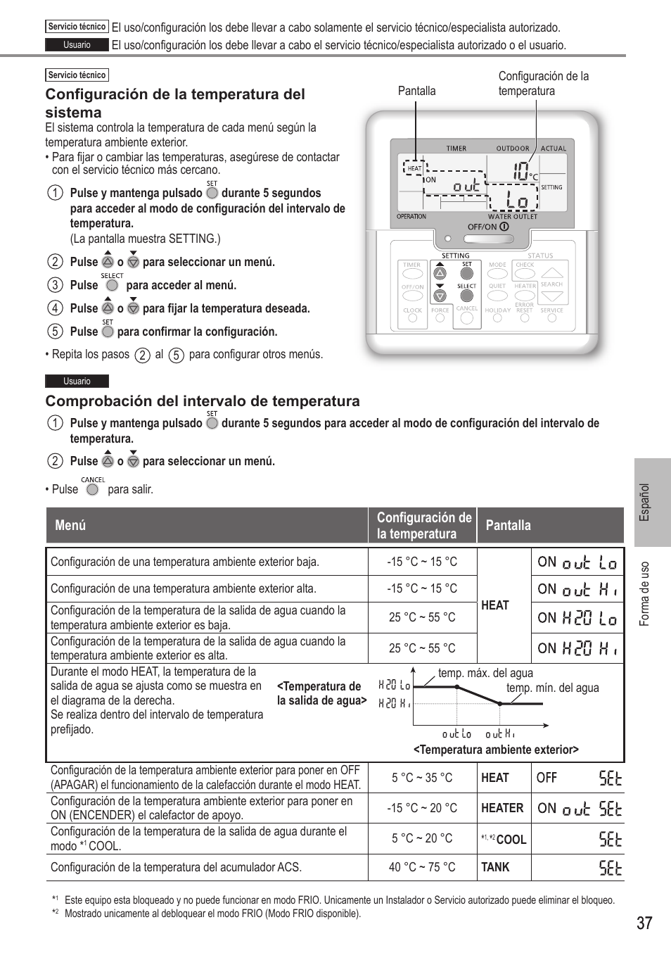 Configuración de la temperatura del sistema, Comprobación del intervalo de temperatura | Panasonic WHUX09FE5 User Manual | Page 37 / 100