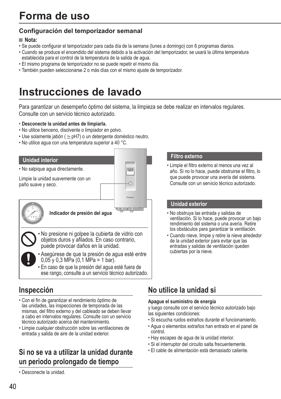 Instrucciones de lavado, Forma de uso, Inspección | No utilice la unidad si | Panasonic WHUX09FE5 User Manual | Page 40 / 100