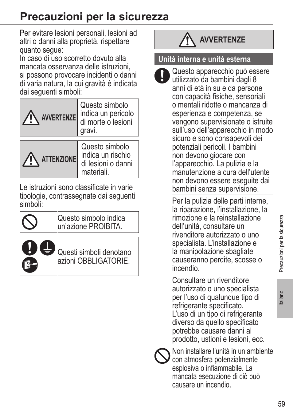 Precauzioni per la sicurezza | Panasonic WHUX09FE5 User Manual | Page 59 / 100