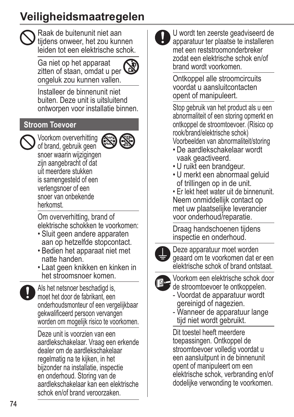 Veiligheidsmaatregelen | Panasonic WHUX09FE5 User Manual | Page 74 / 100