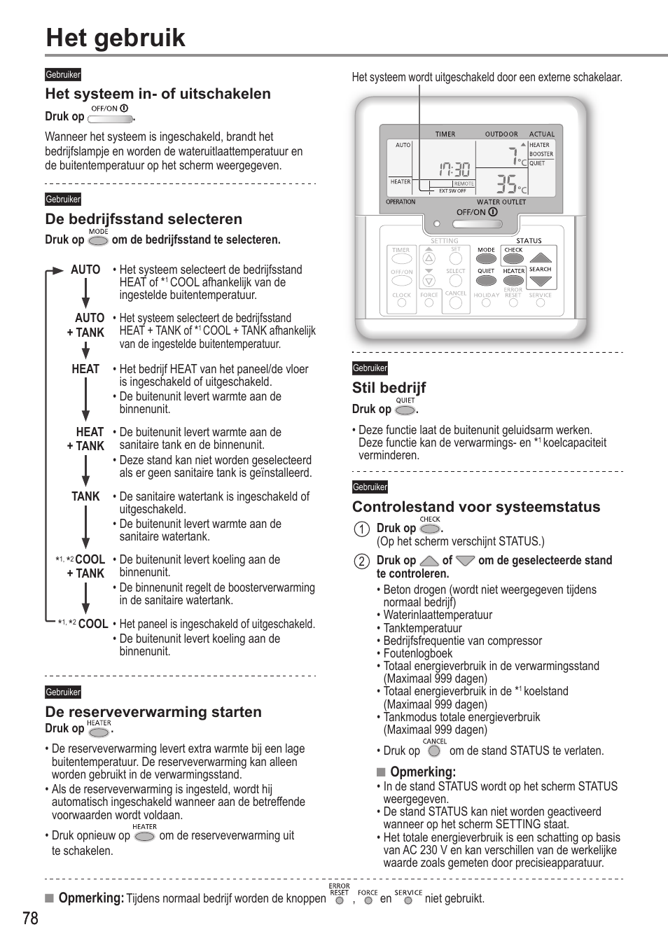Het gebruik | Panasonic WHUX09FE5 User Manual | Page 78 / 100