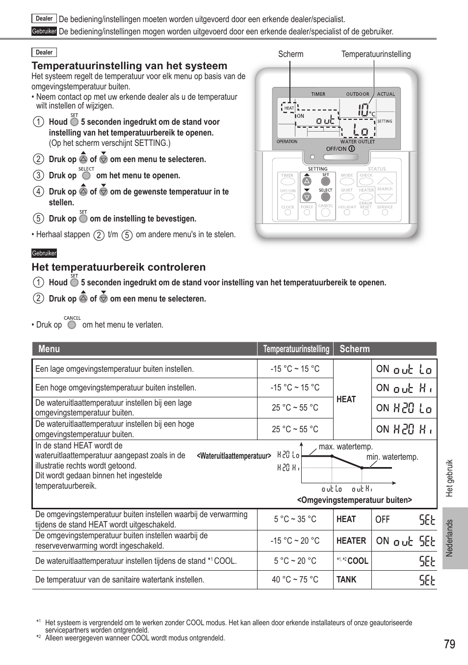 Temperatuurinstelling van het systeem, Het temperatuurbereik controleren | Panasonic WHUX09FE5 User Manual | Page 79 / 100