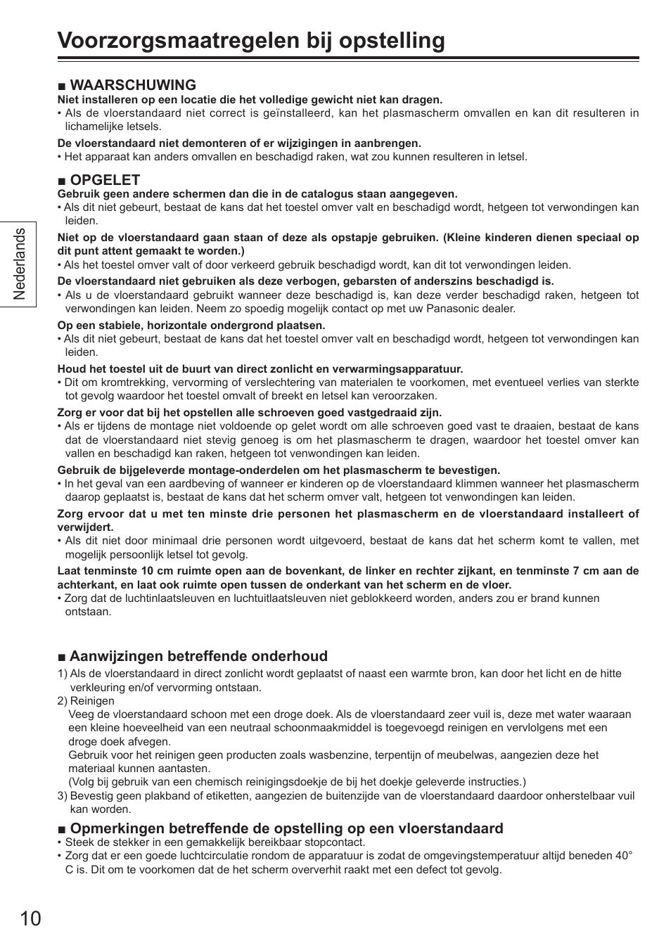 Voorzorgsmaatregelen bij opstelling, Nederlands | Panasonic TYST65VX100 User Manual | Page 10 / 44