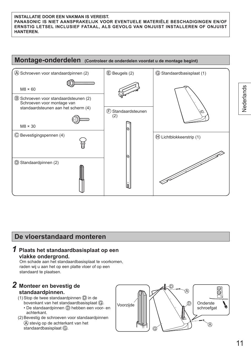 De vloerstandaard monteren, Montage-onderdelen, Nederlands | Panasonic TYST65VX100 User Manual | Page 11 / 44