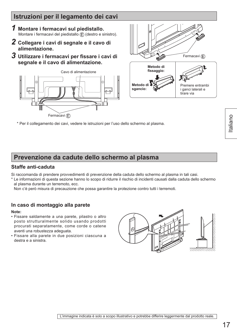 Istruzioni per il legamento dei cavi, Prevenzione da cadute dello schermo al plasma | Panasonic TYST65VX100 User Manual | Page 17 / 44