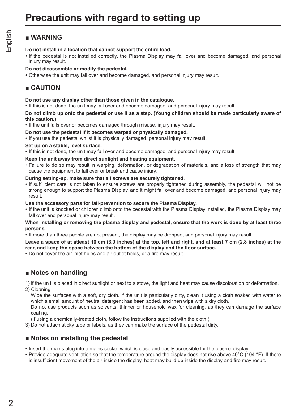Precautions with regard to setting up, English | Panasonic TYST65VX100 User Manual | Page 2 / 44