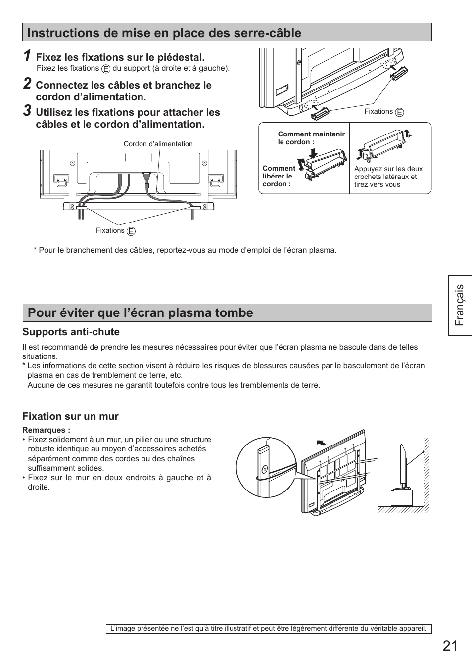 Instructions de mise en place des serre-câble, Pour éviter que l’écran plasma tombe | Panasonic TYST65VX100 User Manual | Page 21 / 44