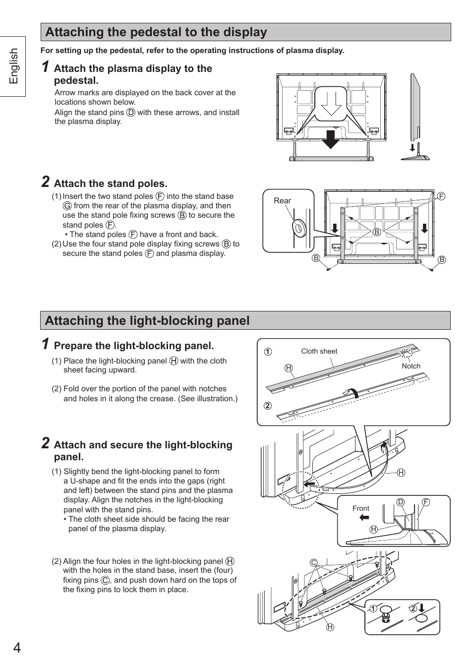 Attaching the pedestal to the display, Attaching the light-blocking panel, English | Panasonic TYST65VX100 User Manual | Page 4 / 44