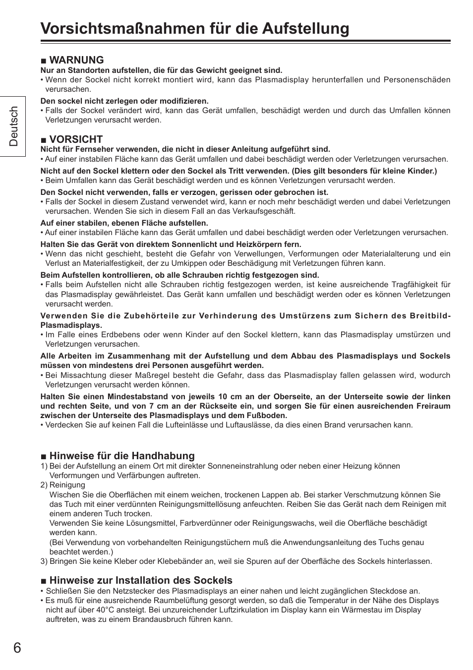 Vorsichtsmaßnahmen für die aufstellung, Deutsch | Panasonic TYST65VX100 User Manual | Page 6 / 44