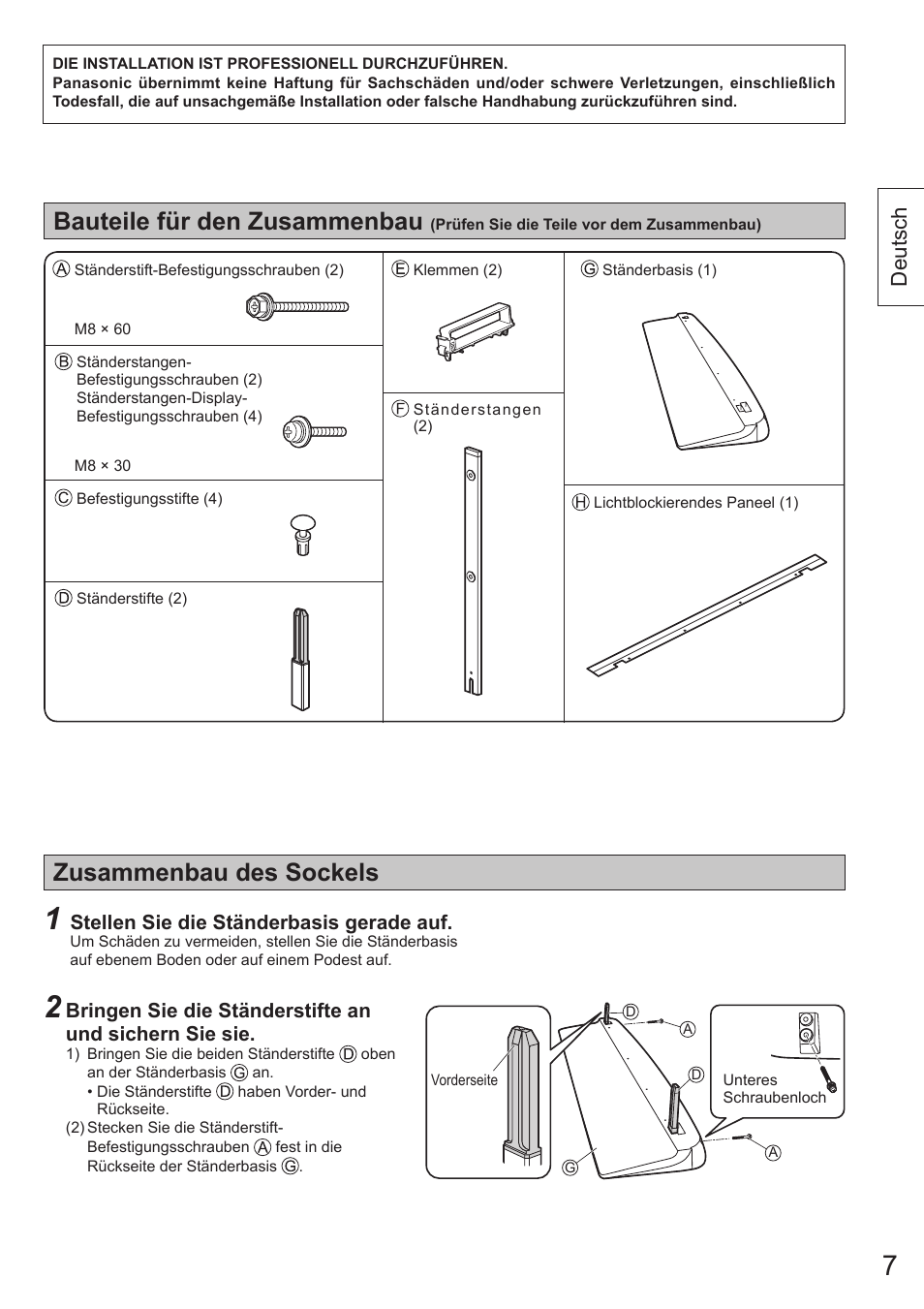 Zusammenbau des sockels, Bauteile für den zusammenbau, Deutsch | Panasonic TYST65VX100 User Manual | Page 7 / 44
