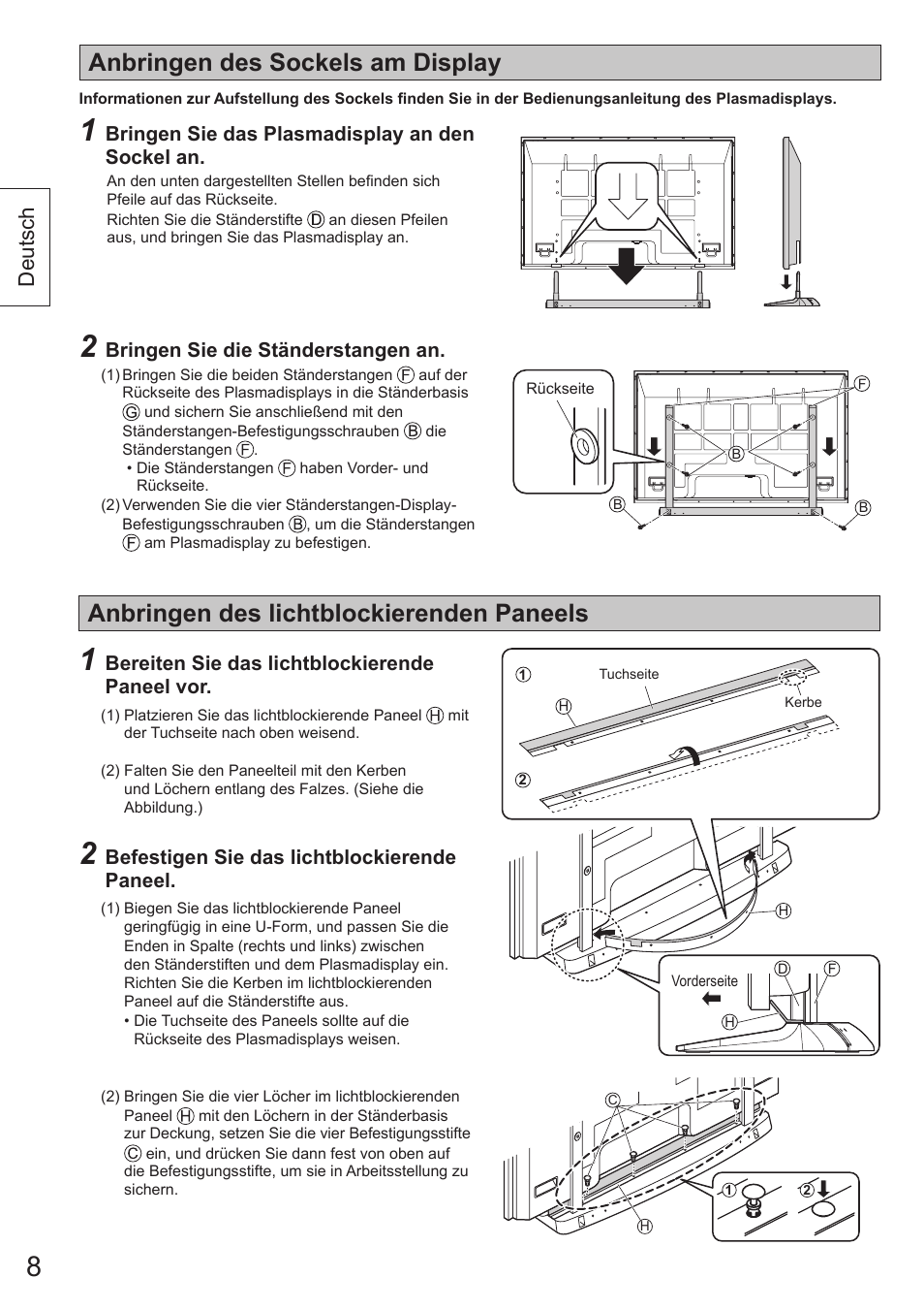 Anbringen des sockels am display, Anbringen des lichtblockierenden paneels, Deutsch | Panasonic TYST65VX100 User Manual | Page 8 / 44