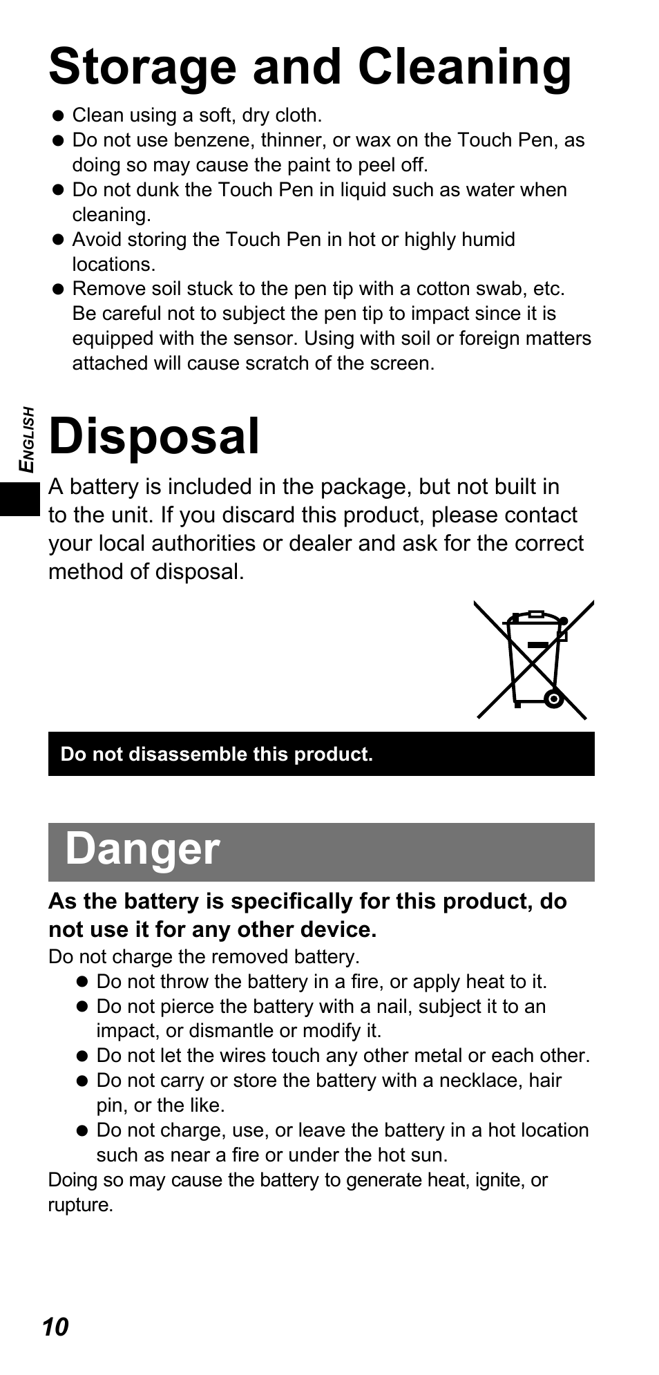 Storage and cleaning, Disposal, Danger | Panasonic TYTP10E User Manual | Page 10 / 216