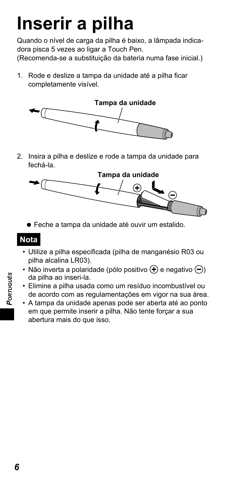 Inserir a pilha | Panasonic TYTP10E User Manual | Page 100 / 216