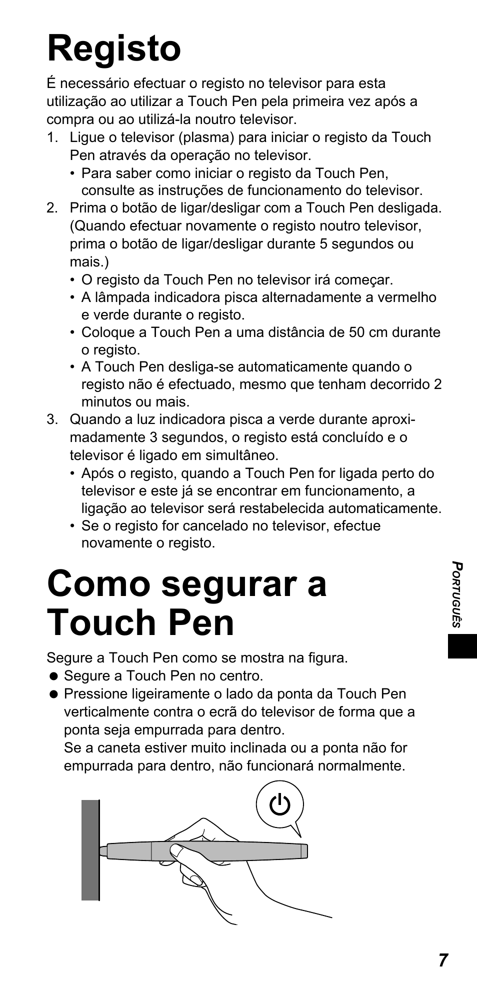 Registo, Como segurar a touch pen | Panasonic TYTP10E User Manual | Page 101 / 216