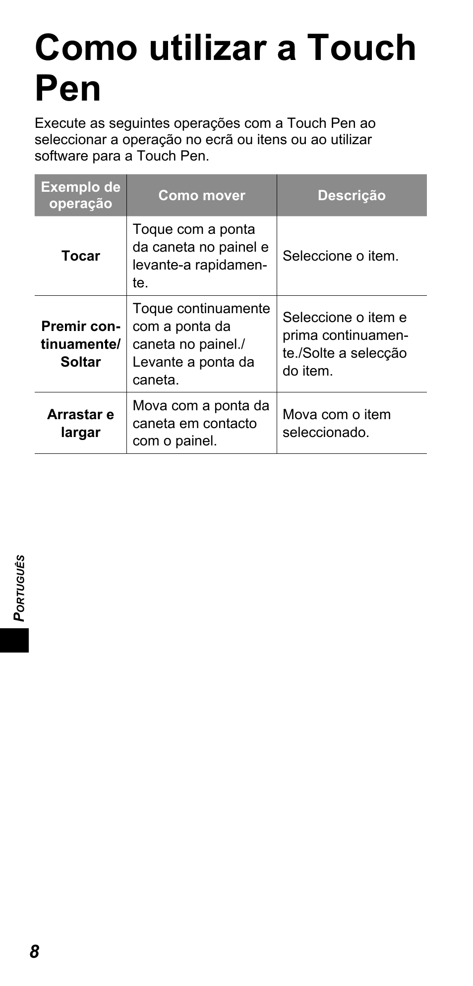 Como utilizar a touch pen | Panasonic TYTP10E User Manual | Page 102 / 216