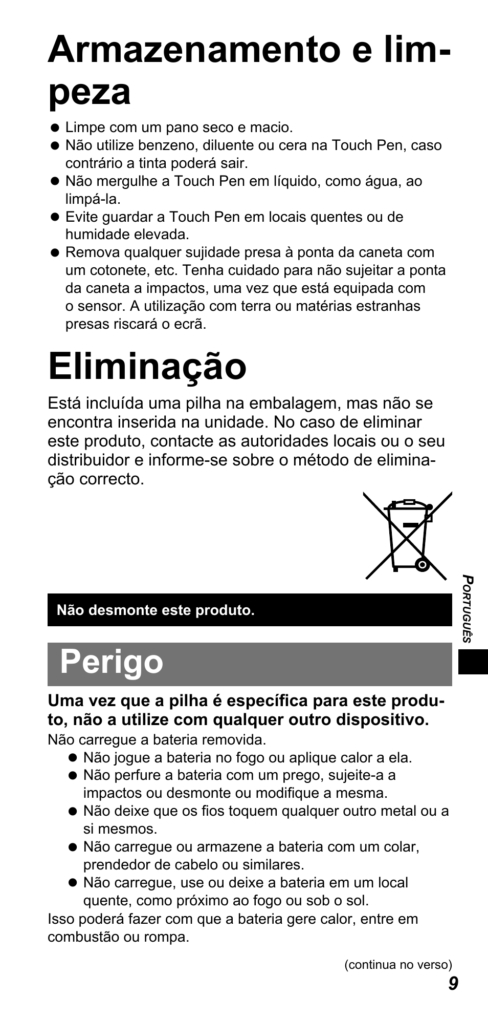Armazenamento e lim- peza, Eliminação, Perigo | Panasonic TYTP10E User Manual | Page 103 / 216