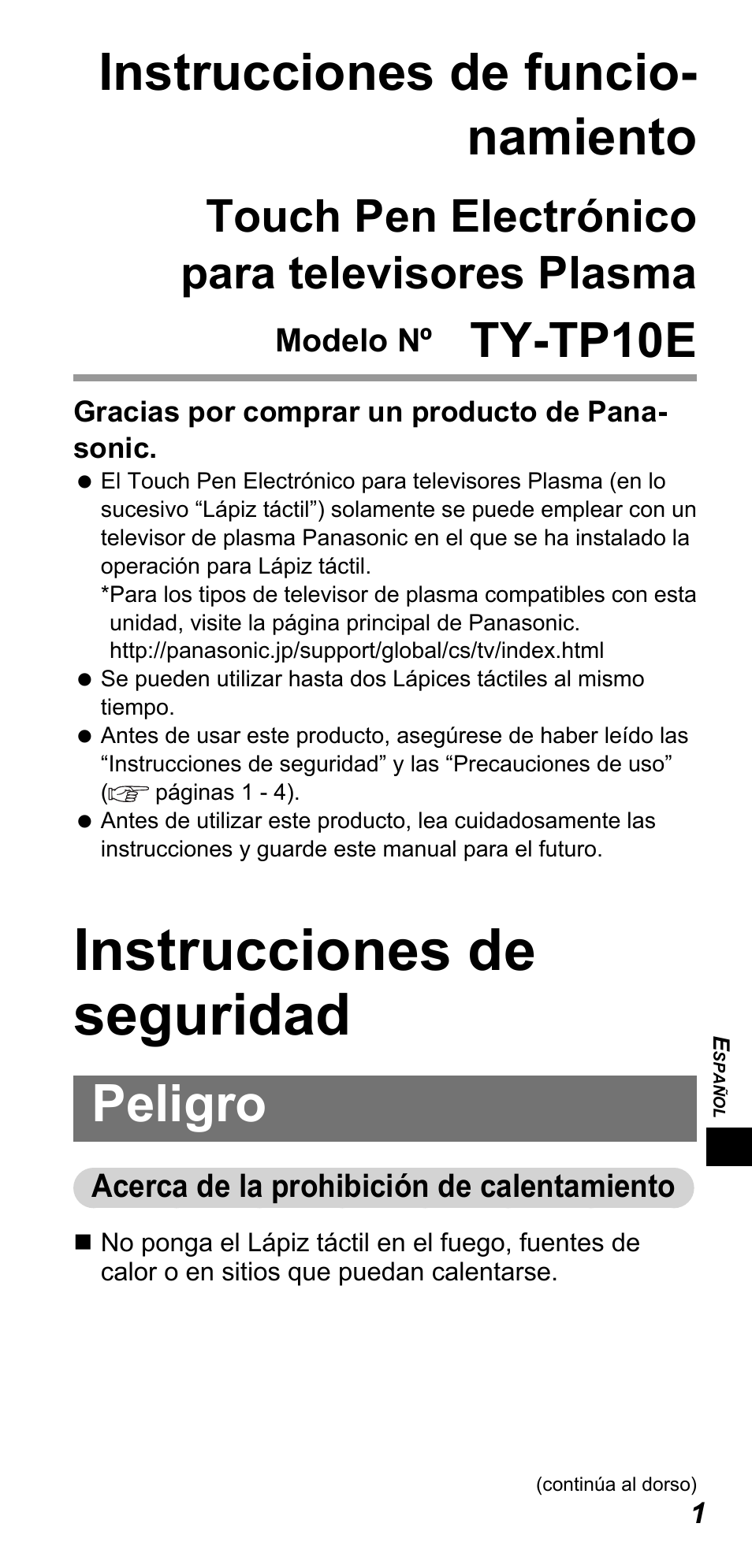 Instrucciones de seguridad, Instrucciones de funcio- namiento, Peligro | Ty-tp10e, Touch pen electrónico para televisores plasma | Panasonic TYTP10E User Manual | Page 123 / 216
