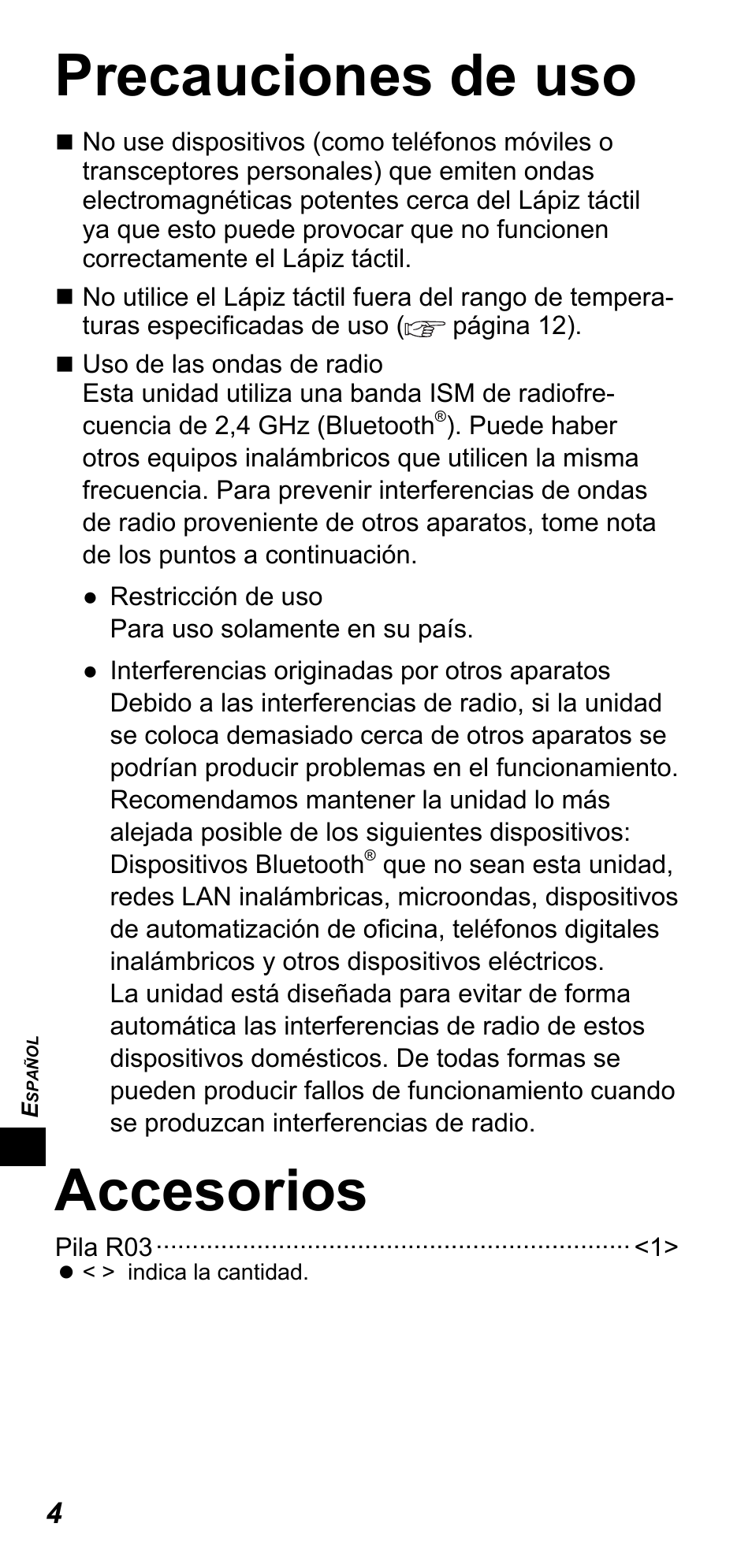 Precauciones de uso, Accesorios | Panasonic TYTP10E User Manual | Page 126 / 216