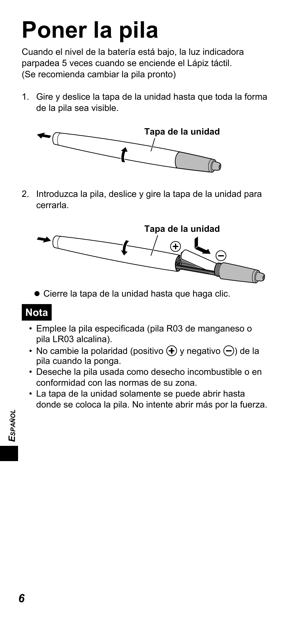 Poner la pila | Panasonic TYTP10E User Manual | Page 128 / 216