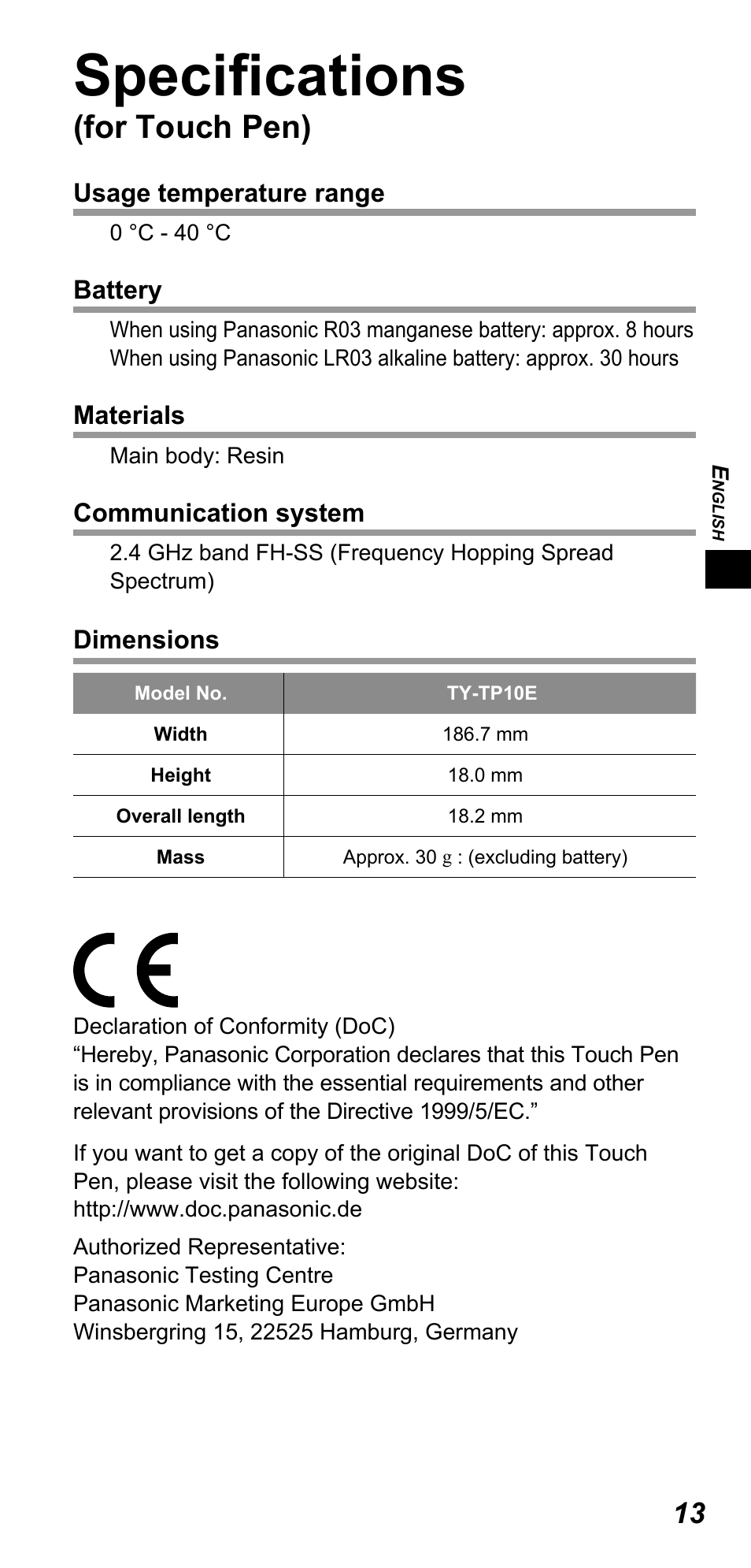 Specifi cations, For touch pen) | Panasonic TYTP10E User Manual | Page 13 / 216