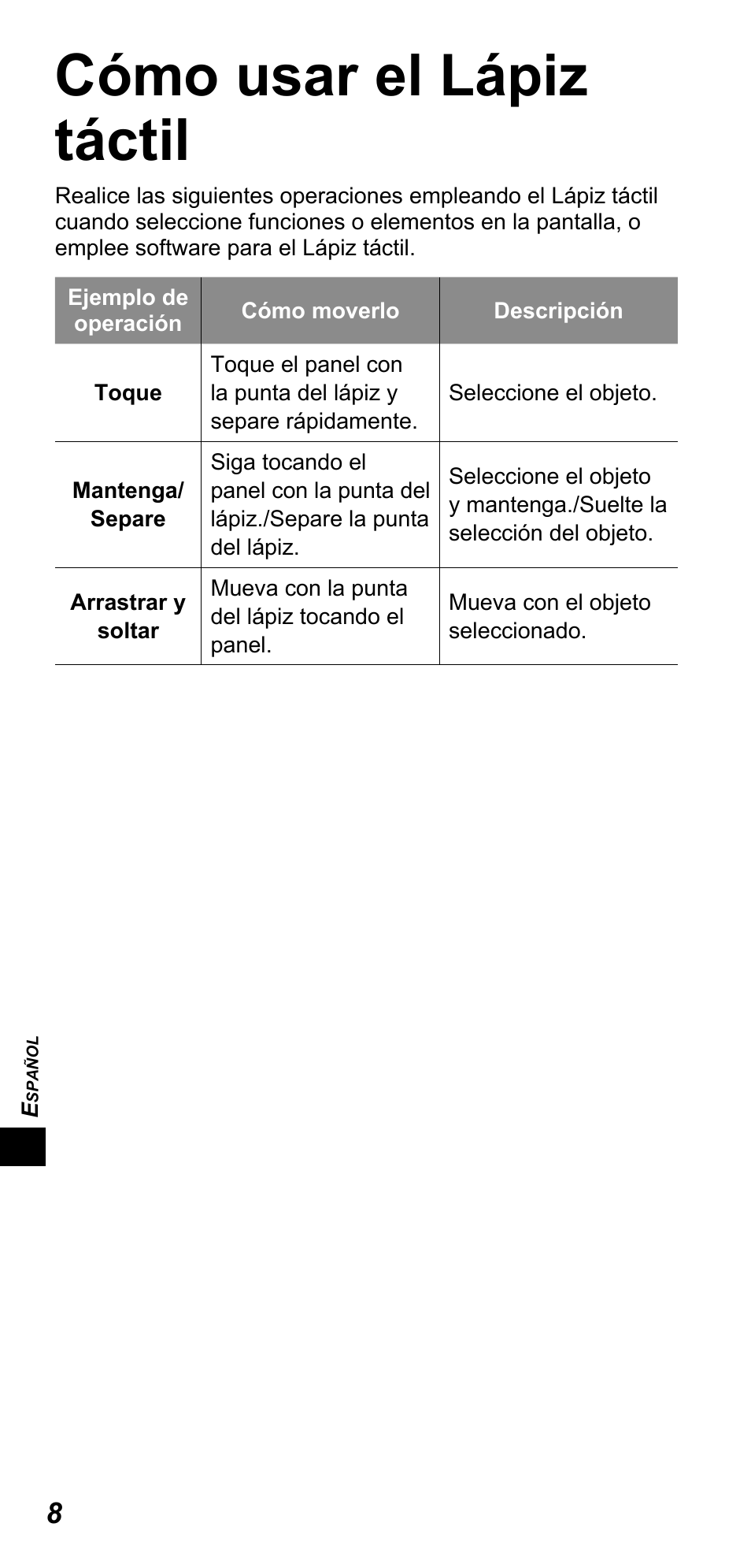Cómo usar el lápiz táctil | Panasonic TYTP10E User Manual | Page 130 / 216