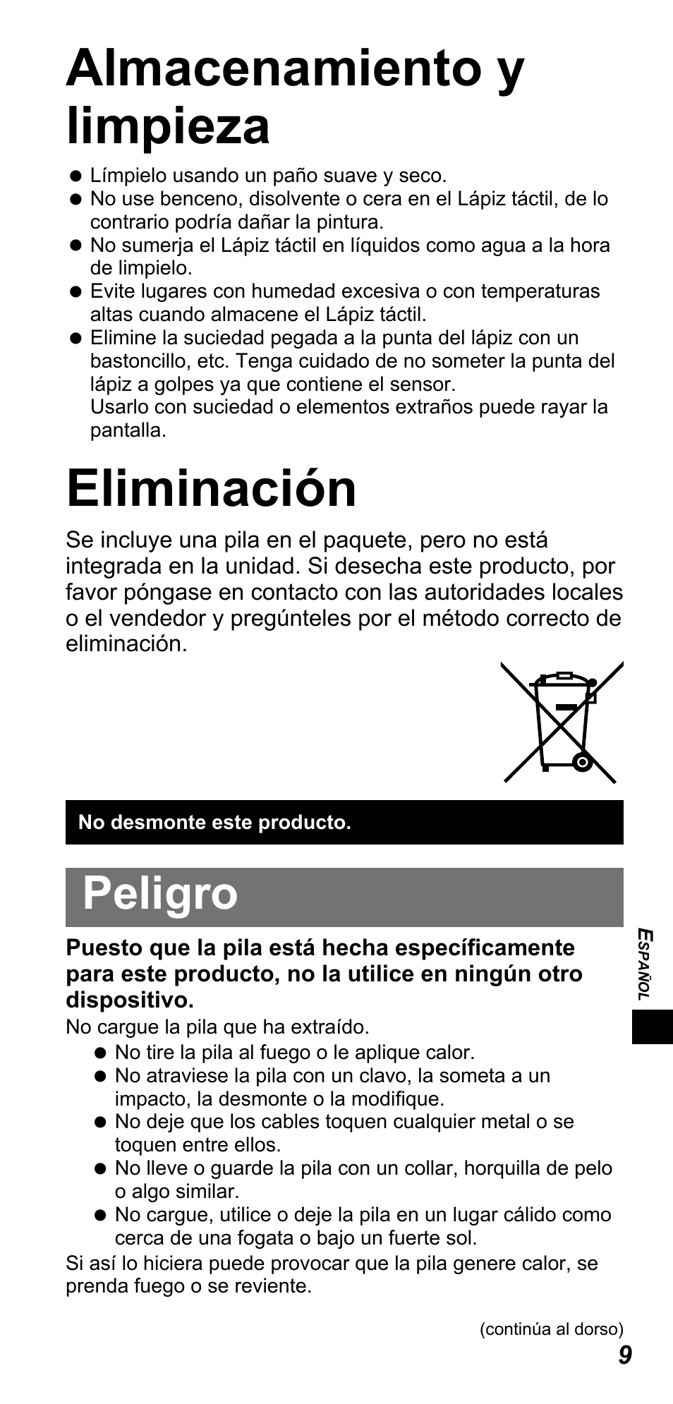Almacenamiento y limpieza, Eliminación, Peligro | Panasonic TYTP10E User Manual | Page 131 / 216