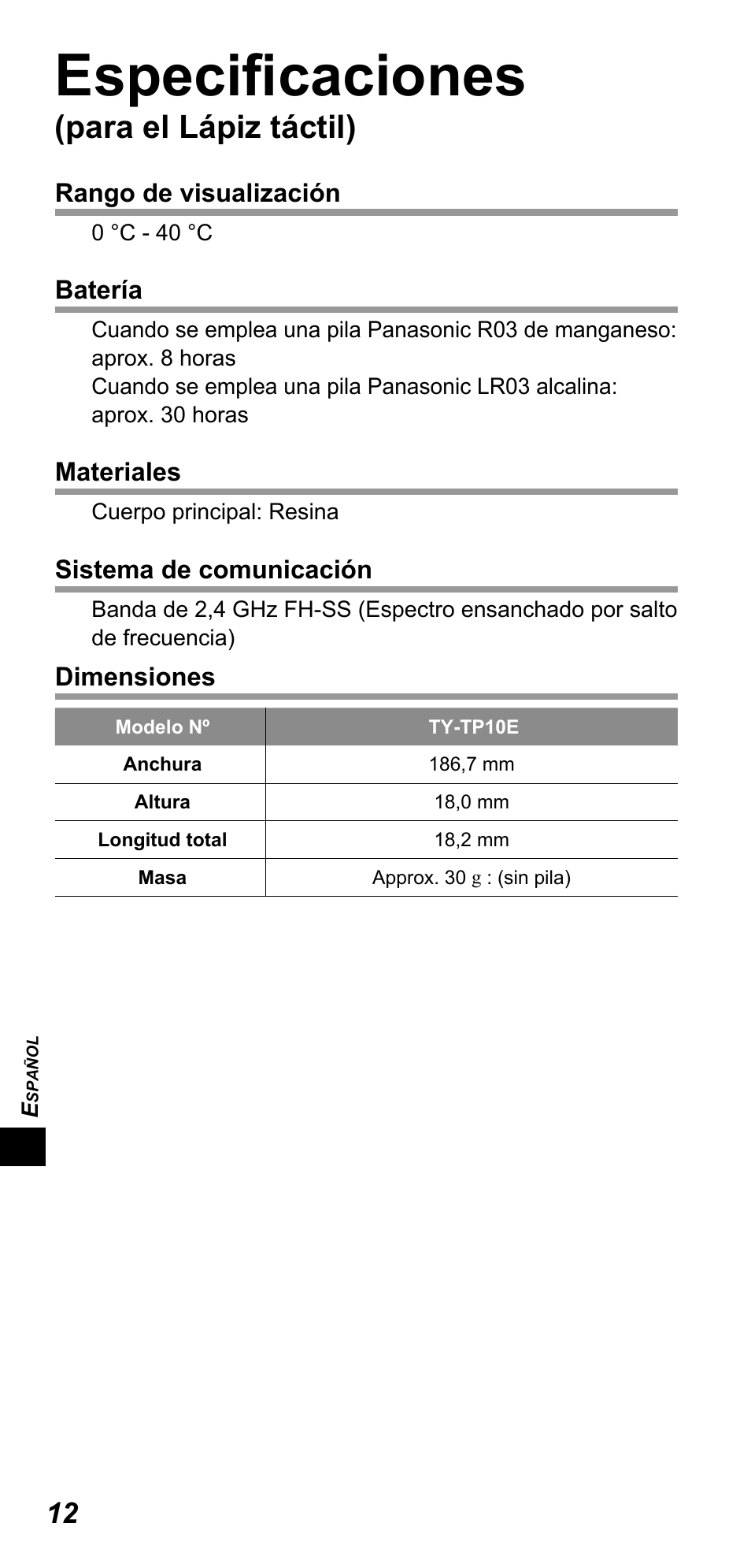 Especifi caciones, Para el lápiz táctil) | Panasonic TYTP10E User Manual | Page 134 / 216
